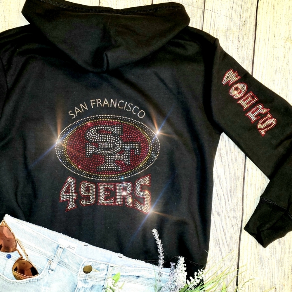 New San Francisco 49ers Rhinestone Zip Up Hoodie Unisex S thru XL - Picture 1 of 7
